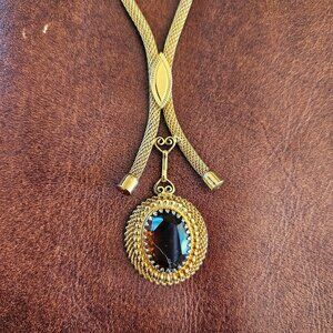 Vintage Signed Sarah Coventry Gold Tone Lariat Necklace 1" Topaz Glass Pendant